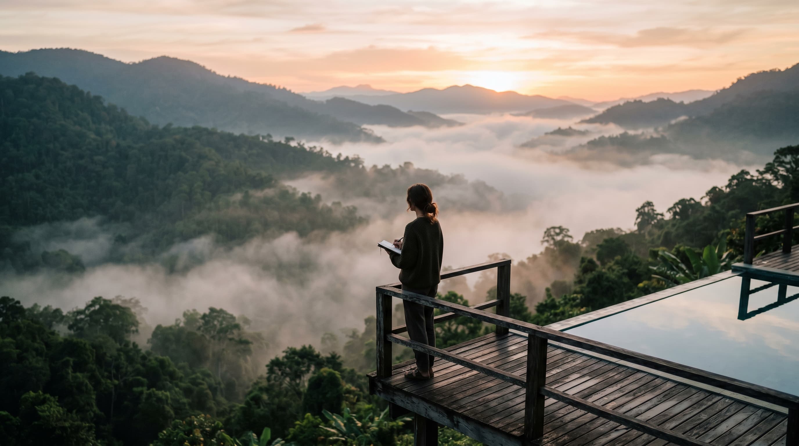 A visionary at sunrise overlooking misty rainforest mountains