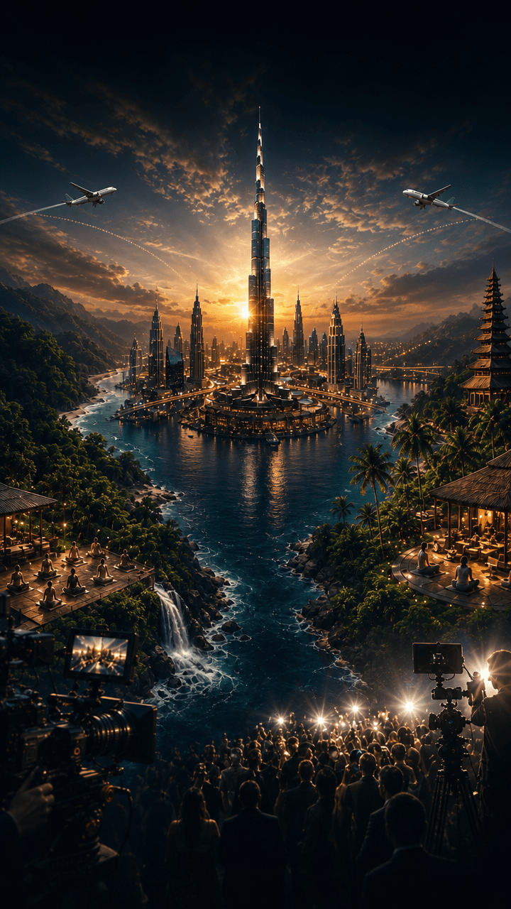 Costa Rica, Dubai and Bali connected by light across a golden-hour sky