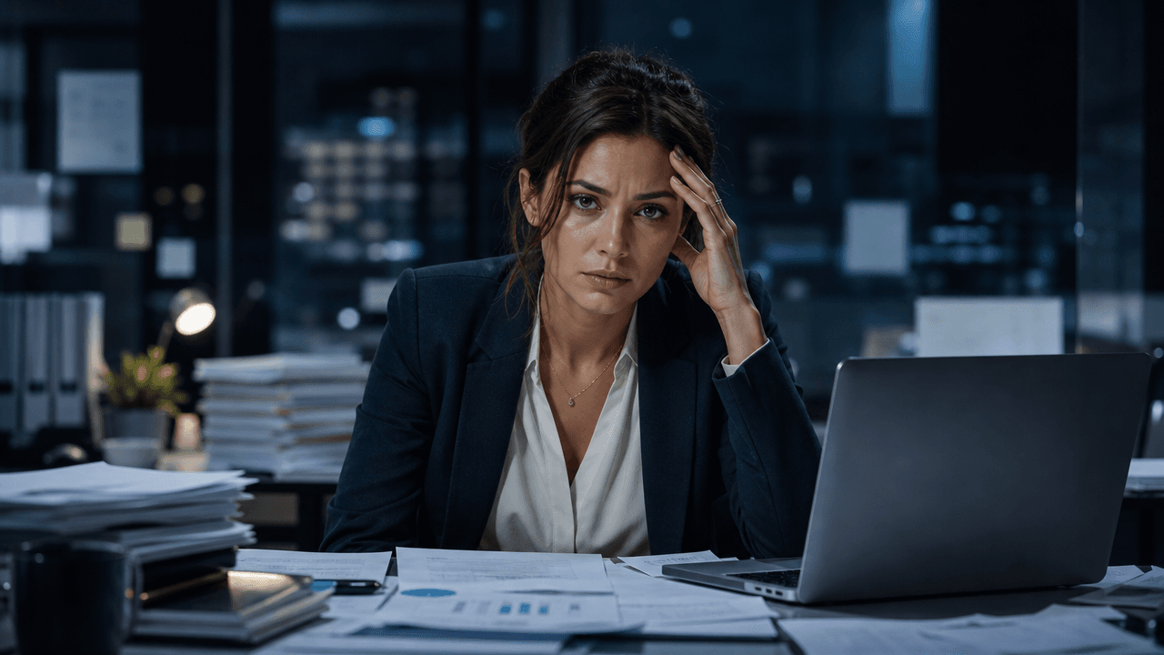 a stressed woman at a cluttered office desk late at night