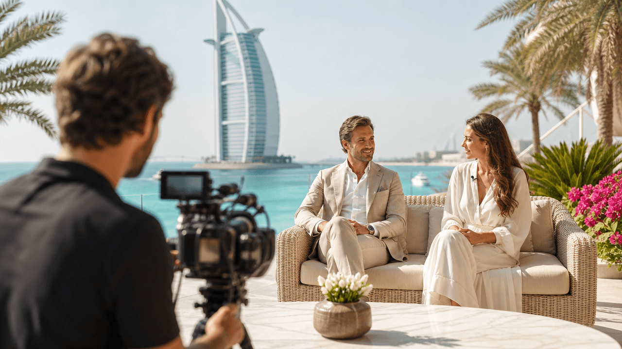A founder interview being filmed with the Dubai skyline behind